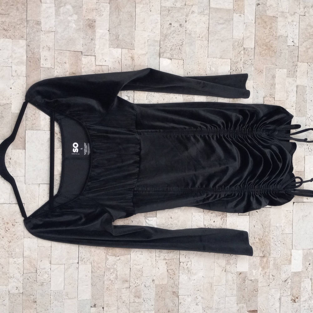 SO Velvet Women's Black Drawings Ruched Long Sleeve Mini Dress Sz L